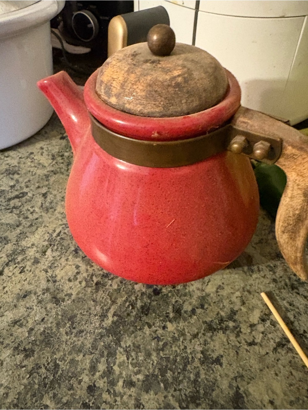 Red Ceramic Teapot with Wooden Handle and Lid - Brand Unspecified